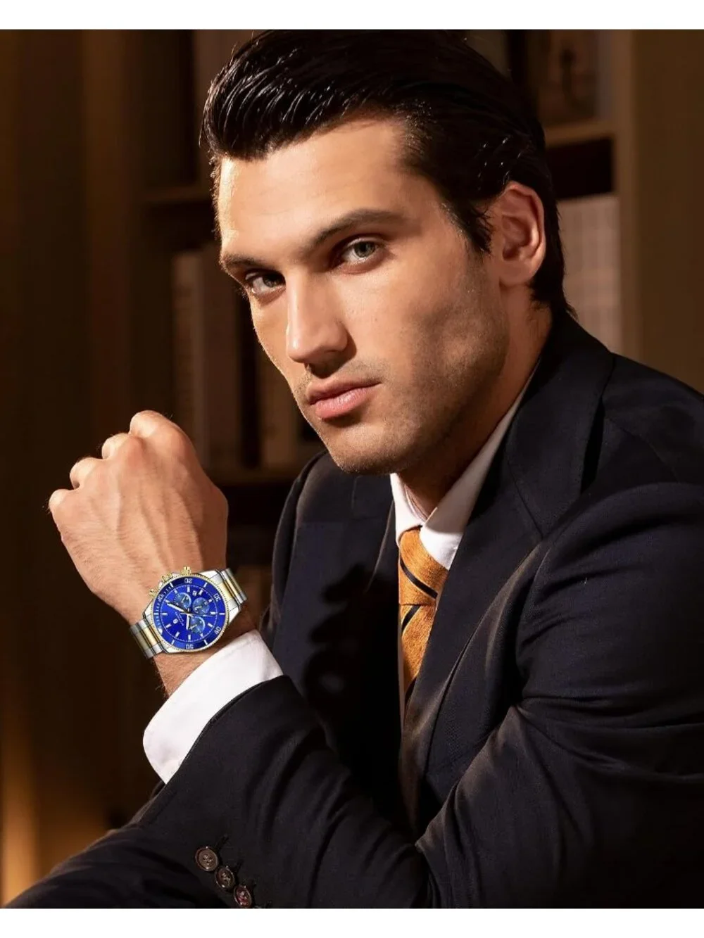 Men's Gold and Blue Chronograph Stainless Steel Waterproof Quartz Wrist Watch